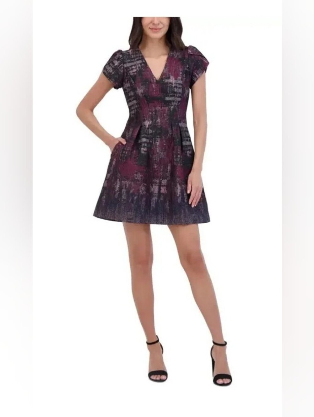 Vince Camuto Plum and Black V-Neck Fit-and-Flare Mini Dress